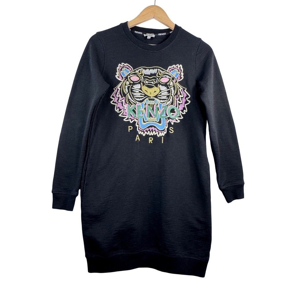Kenzo Paris Tiger logo‎ Embroidered Sweatshirt Dress Black Multi 90s Y2K sz M